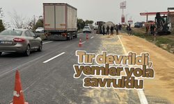 Manisa’da tır devrildi, yemler yola savruldu
