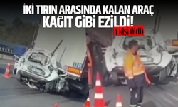 İki tırın arasında kalan araç kağıt gibi ezildi, 1 kişi öldü