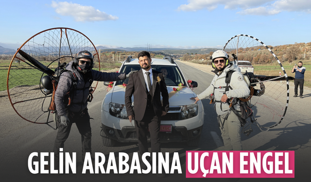 Paramotorla inip gelin arabasının önünü kestiler